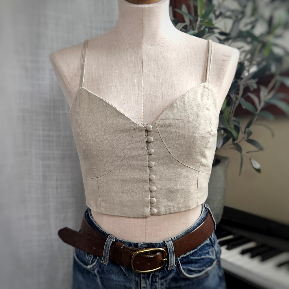 Linen Blend | Cropped Tank Bustier | Tan | Fitted | Size Small
